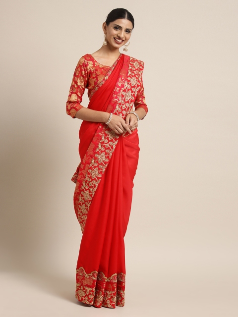 Mitera Red Embroidered Poly Silk Saree