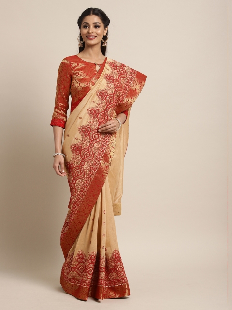Mitera Beige Embroidered Poly Silk Saree