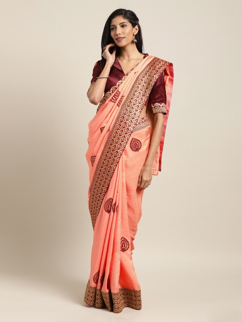 Mitera Peach-Coloured Embroidered Poly Silk Saree