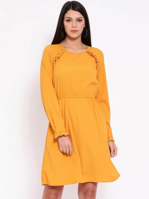 Oxolloxo Women Mustard Yellow Solid Fit and Flare Dress