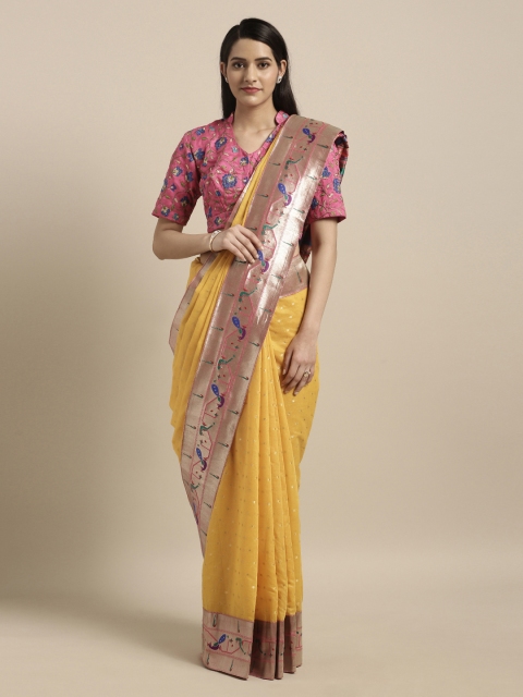 Mitera Yellow & Pink Silk Cotton Woven Design Paithani Saree