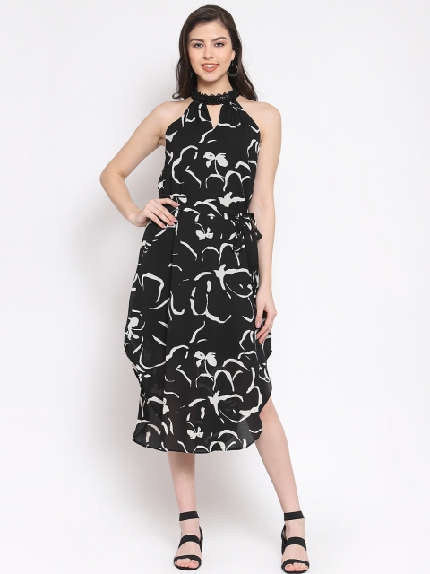 Just Wow Women Black Printed Fit and Flare Dress