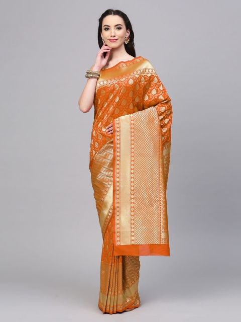 Mitera Orange & Gold-Toned Art Silk Woven Design Handloom Banarasi Saree