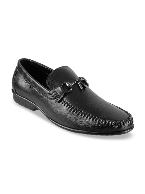 Metro Men Black Solid Leather Formal Slip-Ons