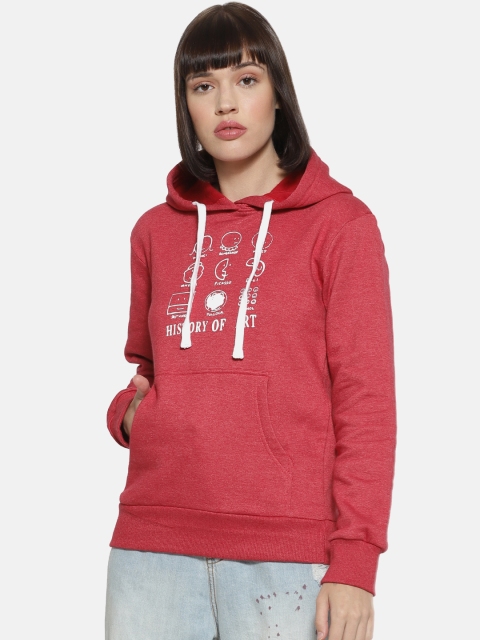 Campus Sutra Women Maroon Printed Hooded Sweatshirt