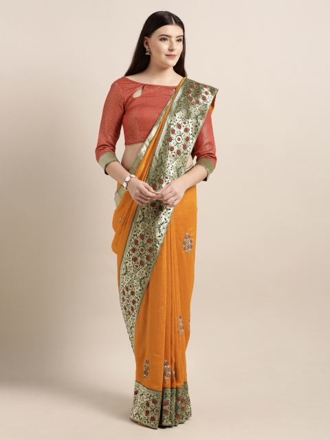 Mitera Mustard Yellow & Green Poly Silk Embellished Saree