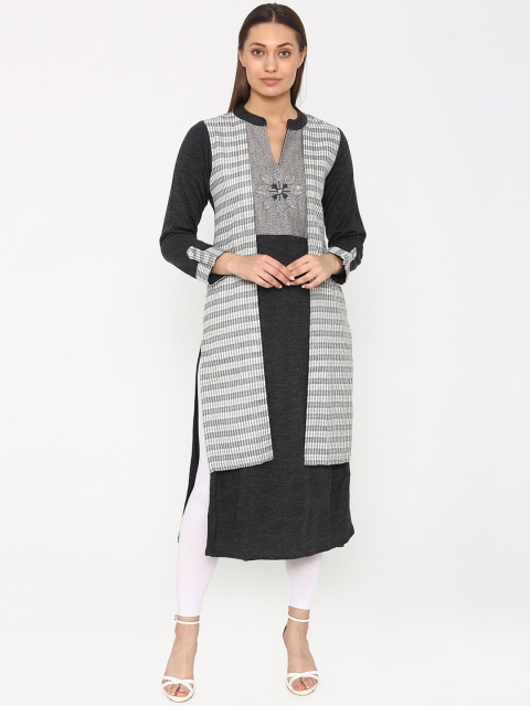 Laabha Women Grey & Black Printed Straight Kurta