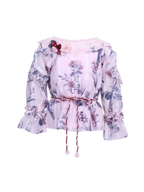CUTECUMBER Girls Pink & Grey Printed Cinched Waist Top