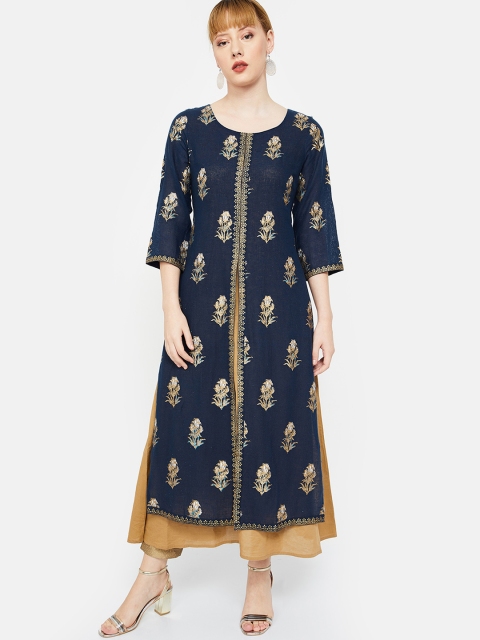 Melange by Lifestyle Women Navy Blue & Beige Printed Straight Kurta