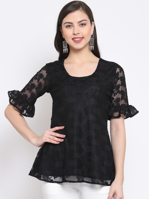 Just Wow Women Black Self Design Top