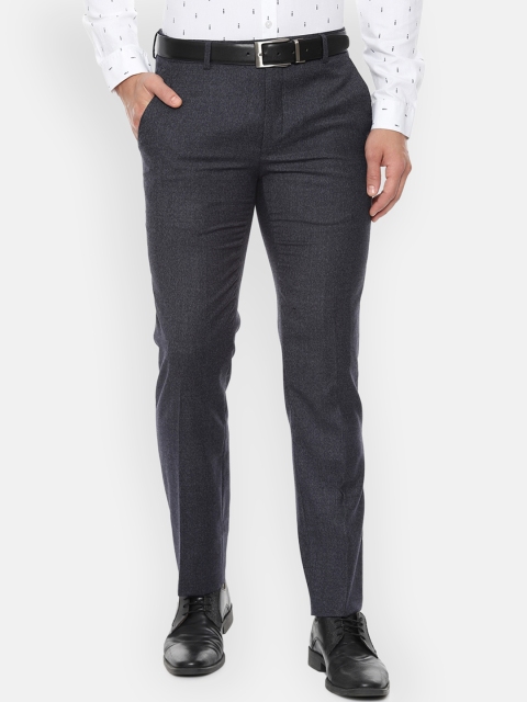 Van Heusen Men Navy Blue Slim Fit Self Design Formal Trousers