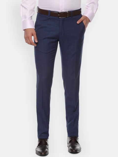 Van Heusen Men Navy Blue Slim Fit Checked Formal Trousers