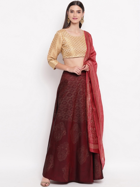 Shakumbhari Maroon & Gold-Toned Woven Design Ready to Wear Lehenga & Blouse with Dupatta
Shakumbhari Maroon & Gold-Toned Woven Design Ready to Wear Lehenga & Blouse with Dupatta