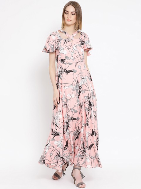 Latin Quarters Women Peach-Coloured & Grey Printed Maxi Dress