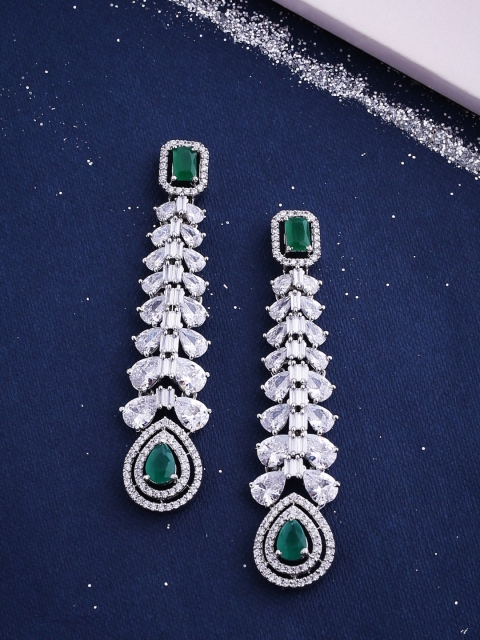 Voylla Green & White Silver Plated CZ Studded Classic Drop Earrings