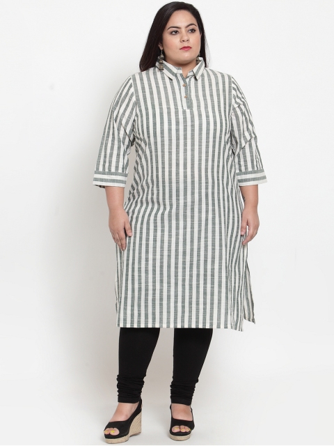 plusS Women Grey & Off-White Striped Straight Kurta