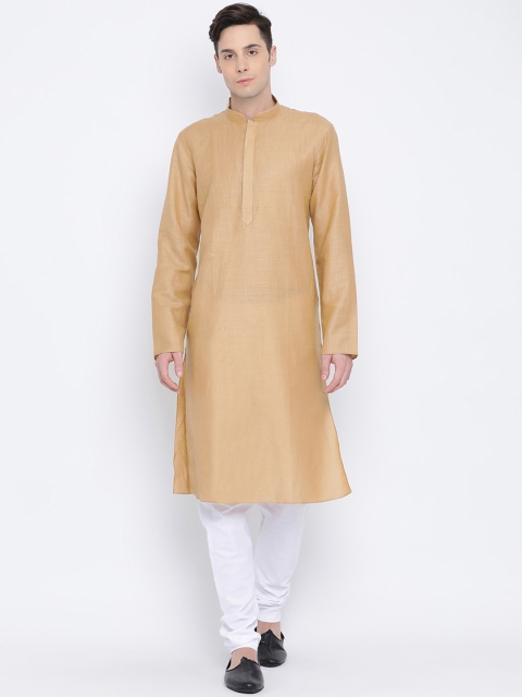 NAMASKAR Men Brown & White Solid Kurta with Churidar