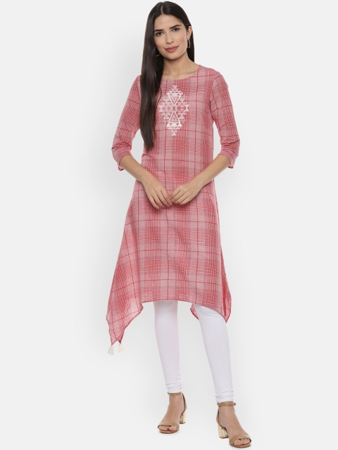 People Women Red & White Checked A-Line Kurta