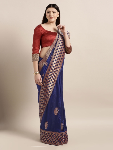Mitera Navy Blue & Golden Poly Silk Embroidered Saree