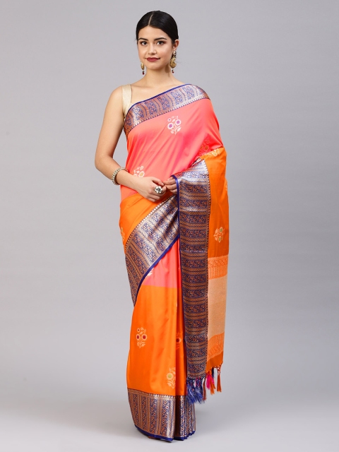 Mitera Peach-Coloured & Orange Silk Blend Woven Design Kanjeevaram Saree