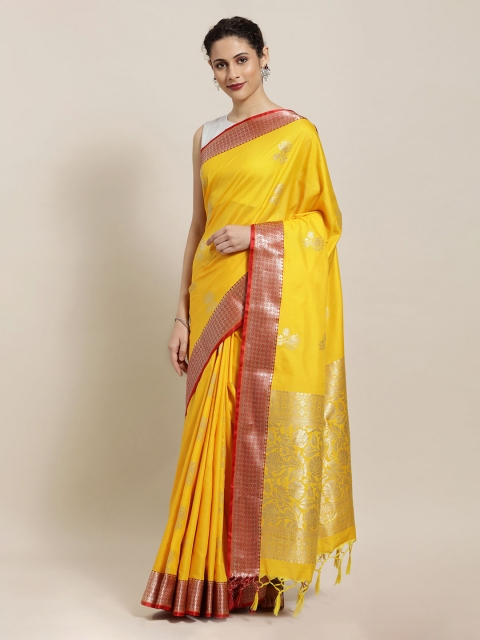 Mitera Yellow & Red Silk Blend Woven Design Kanjeevaram Saree