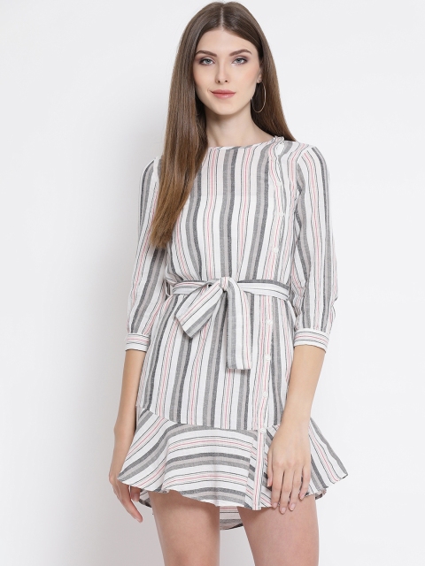 Oxolloxo Women & Grey White Striped Fit and Flare Dress