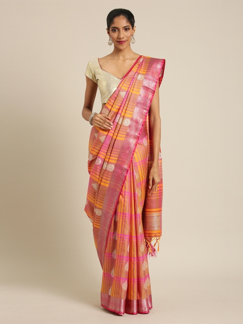 Mitera Brown & Pink Silk Blend Woven Design Kanjeevaram Saree