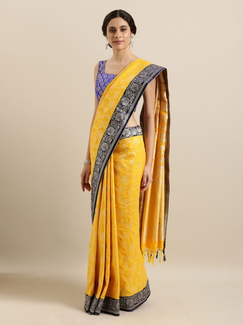 Mitera Yellow & Navy Blue Silk Blend Woven Design Banarasi Saree