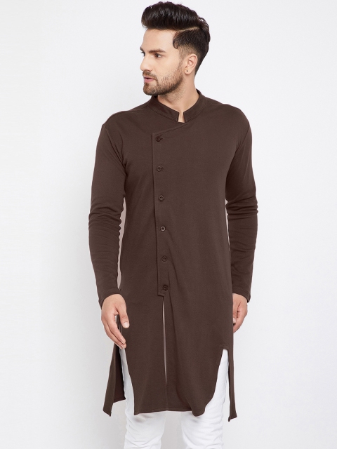 Hypernation Men Brown Solid Straight Angrakha Kurta