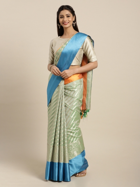 Mitera Green & Blue Silk Blend Striped Kanjeevaram Saree