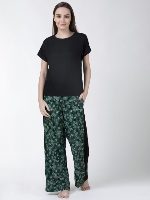ADORENITE Women Black & Green Solid Night Suit