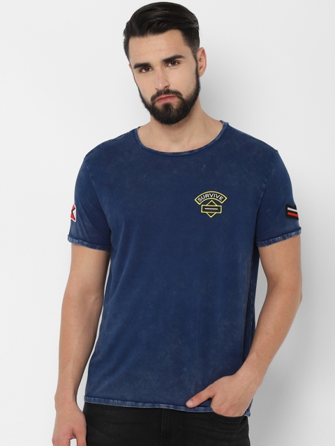 People Men Navy Blue Solid Round Neck T-shirt