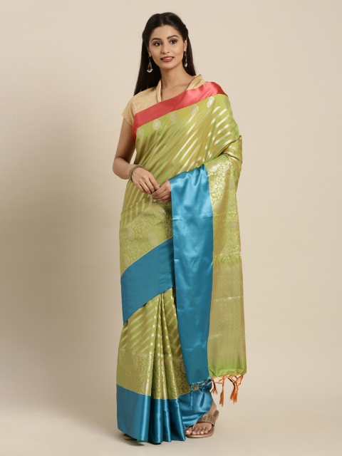 Mitera Green & Blue Silk Blend Striped Kanjeevaram Saree