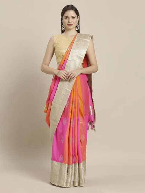 Mitera Orange & Peach-Coloured Silk Blend Colourblocked Kanjeevaram Saree