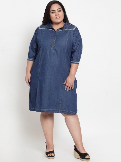 plusS Women Blue Denim Fit and Flare Dress