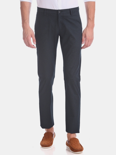 Flying Machine Men Blue Slim Fit Self Design Regular Cropped Trousers