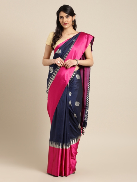 Mitera Navy Blue Silk Blend Woven Design Kanjeevaram Saree