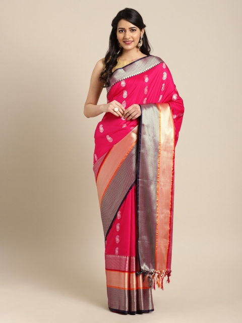 Mitera Pink & Orange Silk Blend Woven Design Kanjeevaram Saree