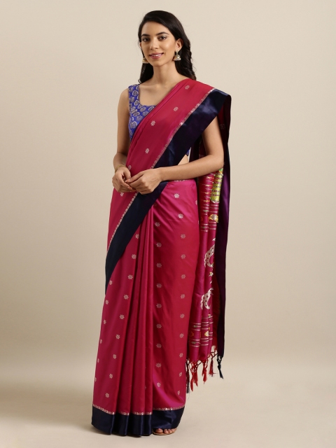 Mitera Magenta & Navy Blue Silk Blend Woven Design Paithani Saree