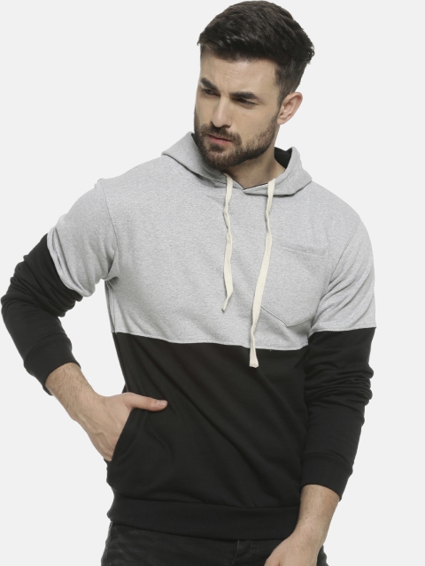 Campus Sutra Men Black & Grey Colourblocked Hooded Sweatshirt