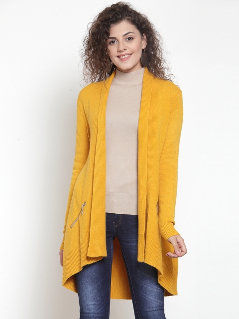 Global Republic Women Mustard Yellow Solid Open Front Shrug