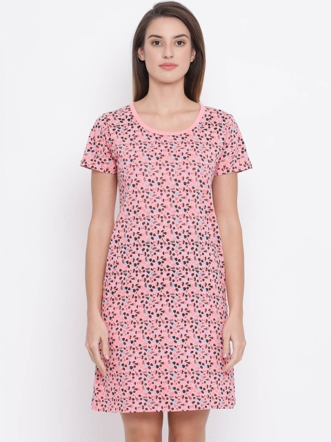 Clovia Women Pink & Brown Printed Sleep T-shirt