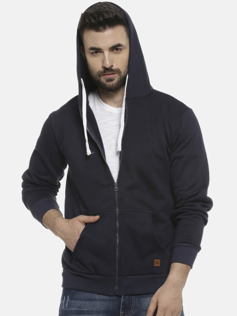 Campus Sutra Men Navy Blue Solid Hooded Sweatshirt