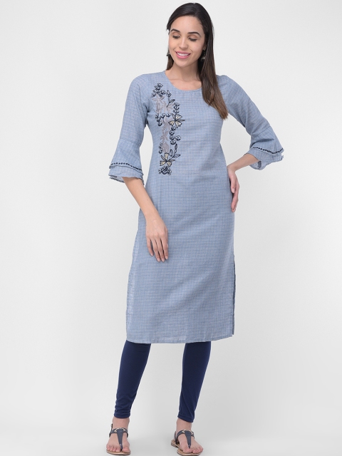 aayusika Women Blue & Grey Embroidered Straight Kurta
