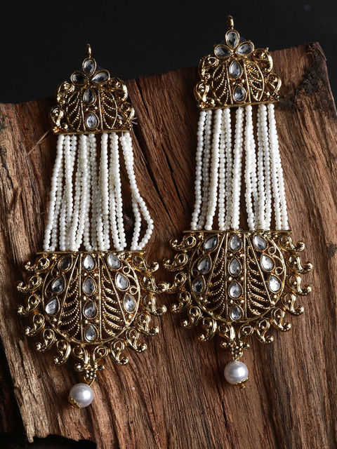 ANIKAS CREATION White & Gold-Plated Handcrafted Kundan Pearl Studded Multistrand Earrings
ANIKAS CREATION White & Gold-Plated Handcrafted Kundan Pearl Studded Multistrand Earrings