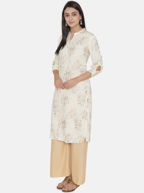 Kifahari Women Off White & Golden Printed Slim-Fit Kurta