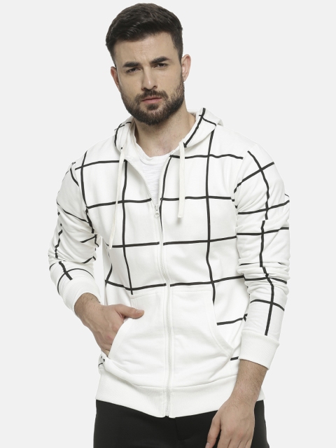 Campus Sutra Men White & Black Checked Hooded Sweatshirt