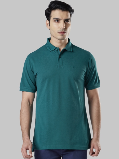 Raymond Men Green Solid Polo Collar Pure Cotton T-shirt