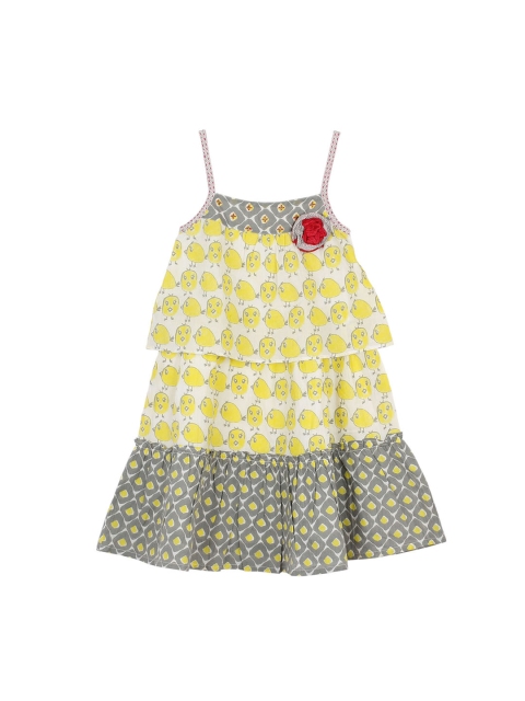 My Little Lambs Girls Off-White & Yellow Printed A-Line Dress