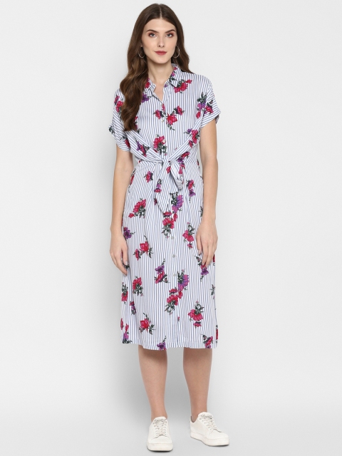 MIAMINX Women White & Blue Floral Printed Shirt Dress
